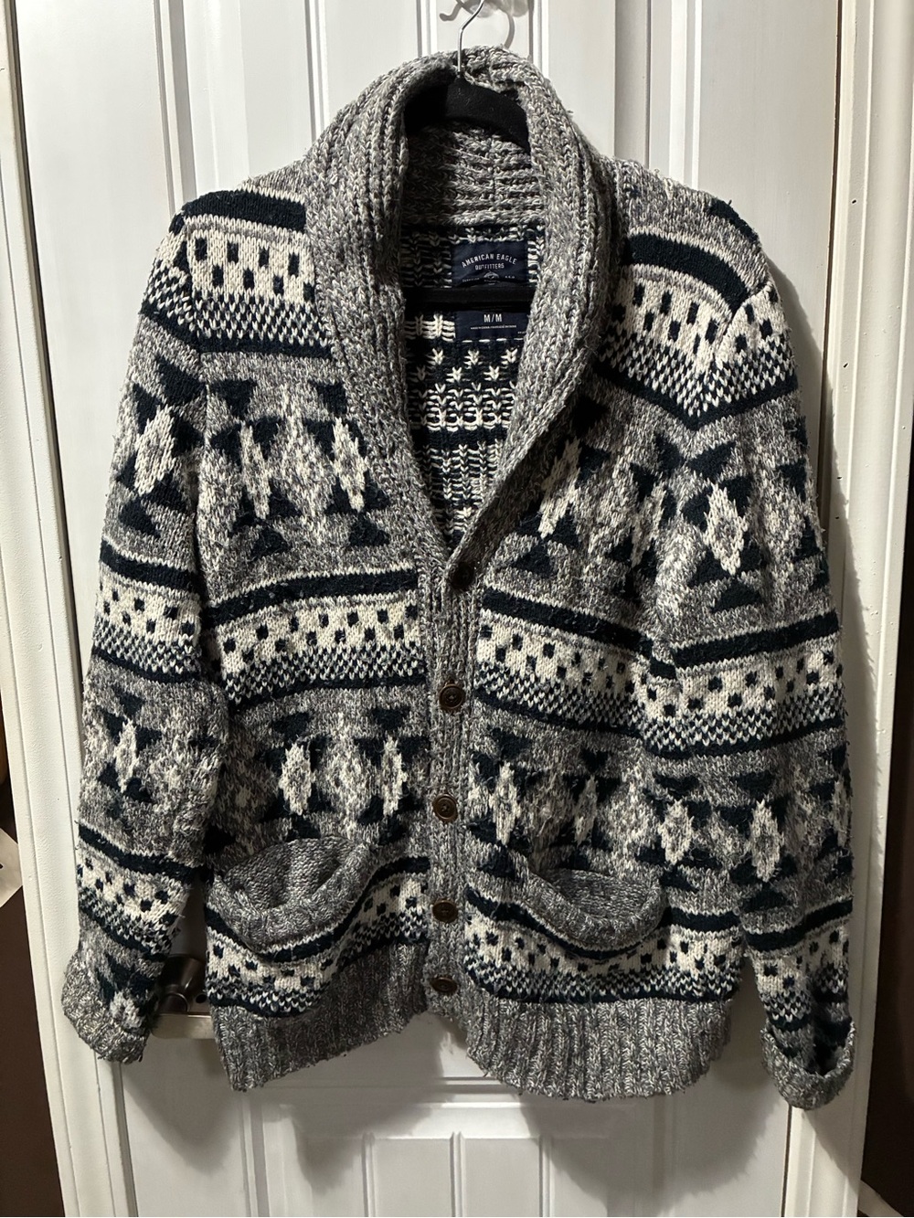 American Eagle Outfitters Gray and White Shawl Collar Fair Isle Cardigan